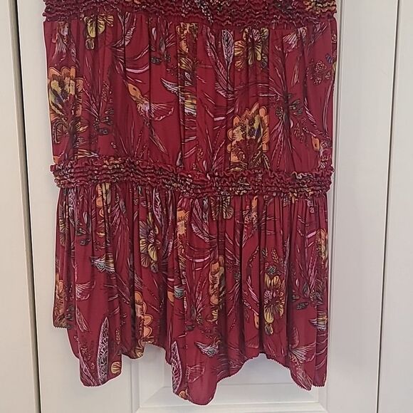 Women's Free People Red Floral Hummingbird Print Ruffle Tiered Tunic Tank Top S - Picture 8 of 12